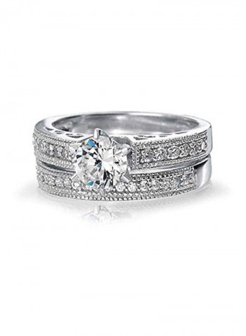 2-Piece 925 Sterling Silver Rhodium Plated Cubic Zirconia Studded Wedding Pave Band Ring Set