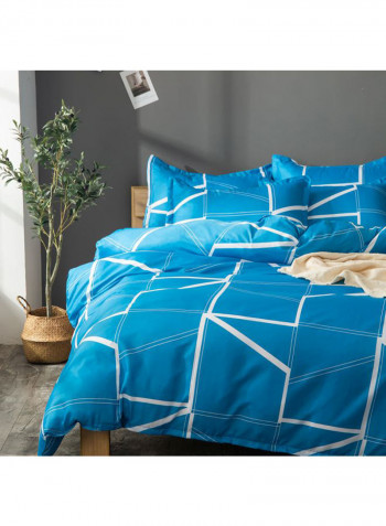 3-Piece Geometric Lines Pattern Quilt Set Polyester Blue/White 1xQuilt Cover(2600x2300), 2xPillowcase(700x500x20)