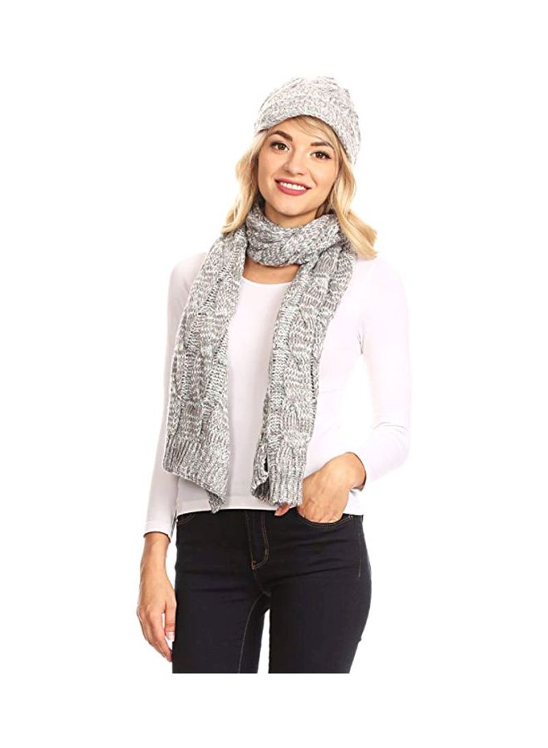 Coline Heather Chunky Cable Knitted Hat With Scarf Set Grey