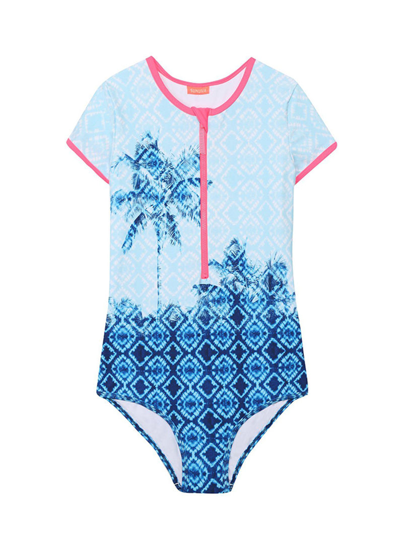Girls Palm Tree Print One-Piece Swimsuit Blue