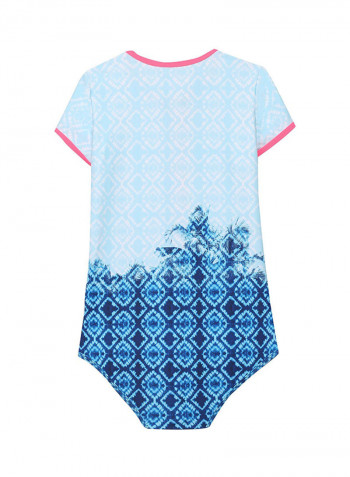 Girls Palm Tree Print One-Piece Swimsuit Blue