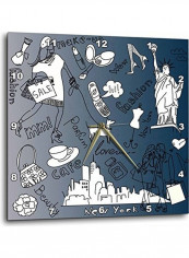 New York Fashion Collage Art Printed Analog Wall Clock Blue/White 13x13x0.1inch