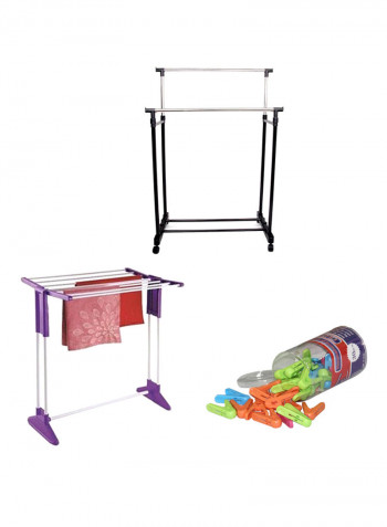 Double-Pole Telescopic Clothes Hanger With 30-Piece Clothes Pegs And Towel Rack Multicolour