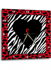 Letter C On Black Heart Zebra Print Wall Clock Multicolour 13x13inch