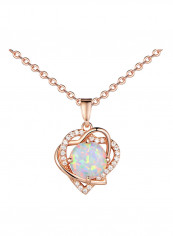 Round Synthenic Opal Heart Shape CZ Halo Pendants Necklace