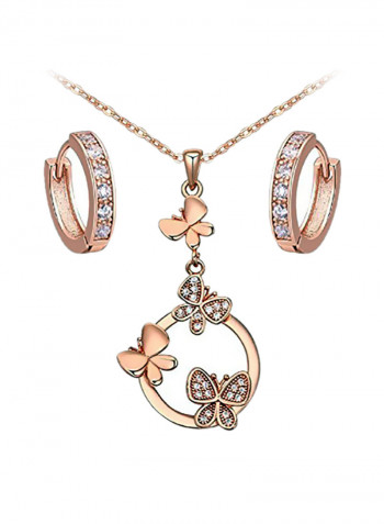 18 Karat Rose Gold Plated Brass Zirconia Crystals Studded Pendant Necklace And Earrings Set