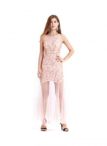 Long Vestido Beaded Sequin Dress Pink