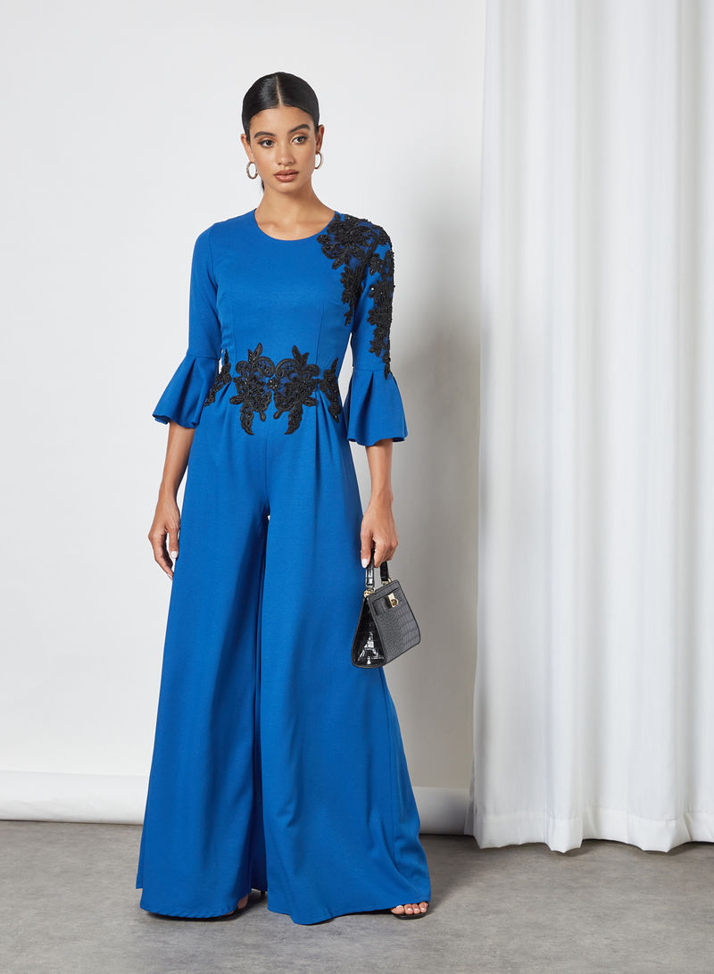 Embroidered Wide Leg Jumpsuit Blue