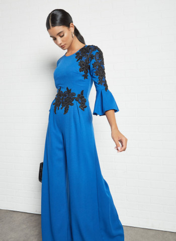 Embroidered Wide Leg Jumpsuit Blue