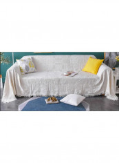 Solid Pattern Tassel Sofa Slipcover White 230 x 340centimeter