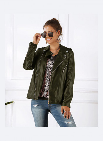 Leather Long Sleeves Jacket Army Green