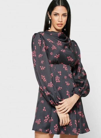 Mock Neck Floral Print Dress Black