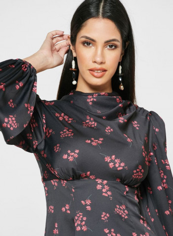 Mock Neck Floral Print Dress Black