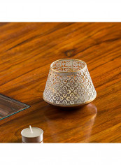 Mughal Frustum Pattern Tea Light Holder With Candle Gold/White 10.4 x 7.9centimeter