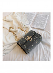 Women's Solid Color Embroidery Metal Chain Shoulder Bag Black