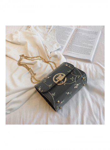 Women's Solid Color Embroidery Metal Chain Shoulder Bag Black