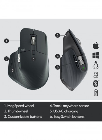 ماوس أم أكس ماستر 3 المتقدم لاسلكي  بسرعة تمرير فائقة وتصميم مريح قابل للشحن Graphite