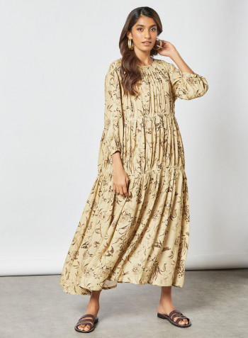 Floral Tiered Dress Beige