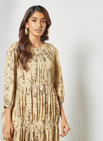 Floral Tiered Dress Beige