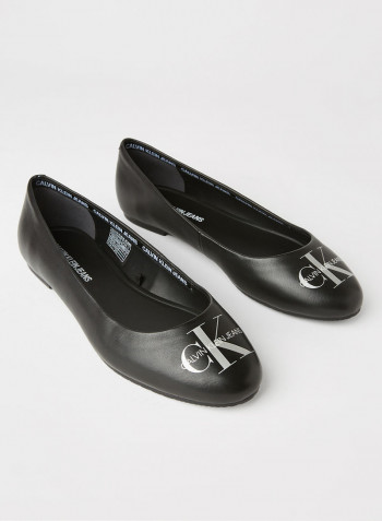 Logo Print Leather Ballerinas Black