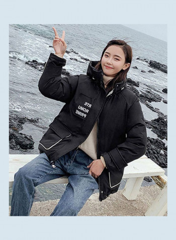 Cotton Long Furry Collar Overcoat black