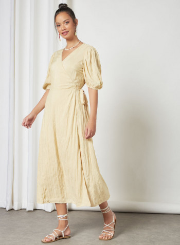 Puffed Sleeve Wrap Dress Yellow