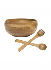 Oak Finished Footed Rice Serving Bowl With 2 Server Utensils Brown 12x12x5.5inch
