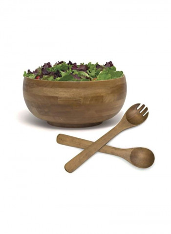 Oak Finished Footed Rice Serving Bowl With 2 Server Utensils Brown 12x12x5.5inch