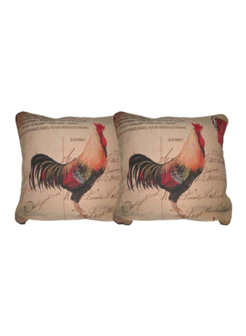 2-Piece Glamorous Rooster Woven Decorative Pillow Beige/Red/Black 18x18x4inch