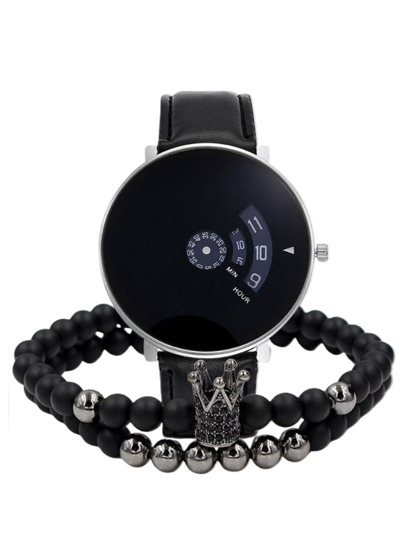 Men's Leather Pointer Display Analog Watch NNSB03702710 With Bracelet Set