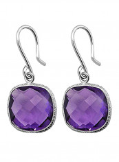 925 Sterling Silver Amethyst Checkerboard Cut Dangle Earrings