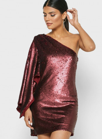 One-Shoulder Shimmer Dress Burgundy