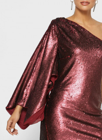 One-Shoulder Shimmer Dress Burgundy