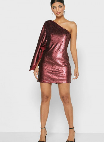 One-Shoulder Shimmer Dress Burgundy