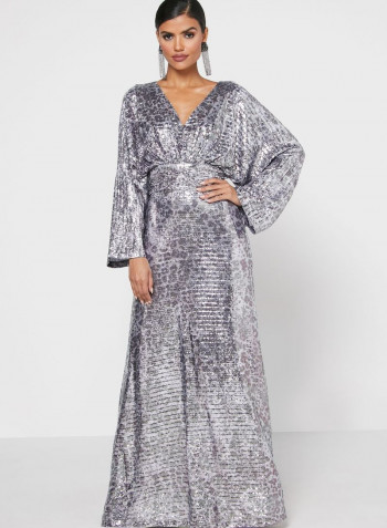 Sequin Plunge Long Maxi Dress Silver