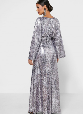 Sequin Plunge Long Maxi Dress Silver