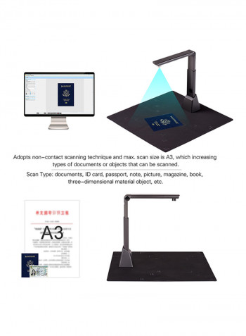 Portable Adjustable High Speed USB Book Image Document Camera Scanner 10 Mega-pixel HD High-Definition Max. A3 Scanning Size with OCR Function LED Light for Classroom Office Library Bank Black