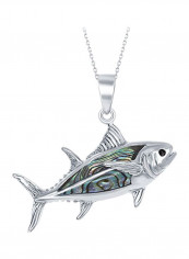 925 Sterling Silver Abalone Studded Fish Pendant Necklace