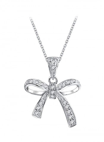 925 Sterling Silver Rhodium Plated Cubic Zirconia Studded Ribbon Bow Pendant Necklace