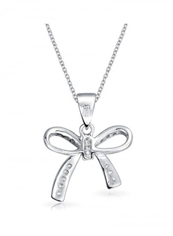 925 Sterling Silver Rhodium Plated Cubic Zirconia Studded Ribbon Bow Pendant Necklace