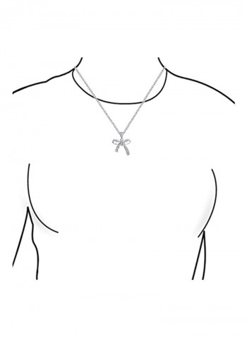925 Sterling Silver Rhodium Plated Cubic Zirconia Studded Ribbon Bow Pendant Necklace