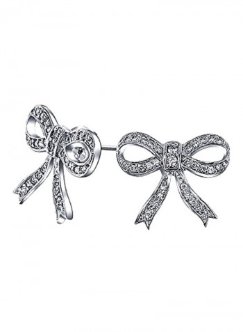 925 Sterling Silver Rhodium Plated Cubic Zirconia Studded Bow Ribbon Earrings