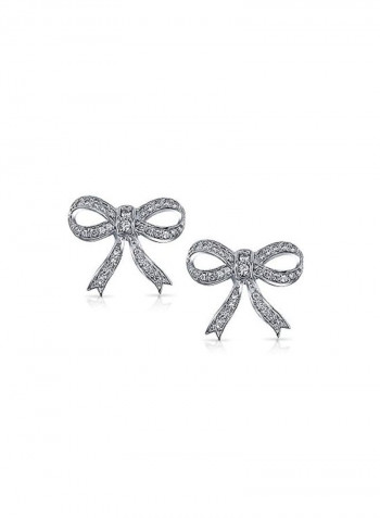 925 Sterling Silver Rhodium Plated Cubic Zirconia Studded Bow Ribbon Earrings