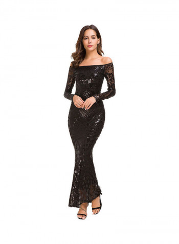 Winter Sequined Lace Fishtail Fomal Dress Black