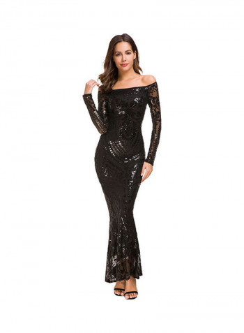 Winter Sequined Lace Fishtail Fomal Dress Black