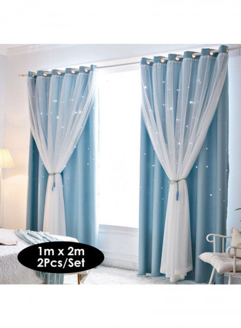 2-Piece Hollowed Out Stars Shading Window Curtain Blue/White