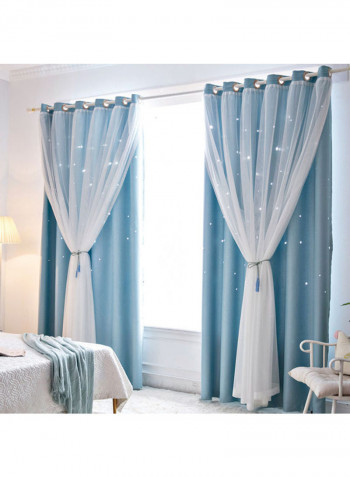 2-Piece Hollowed Out Stars Shading Window Curtain Blue/White