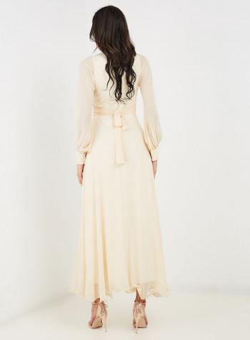 Solid Design Long Sleeves Dress Beige