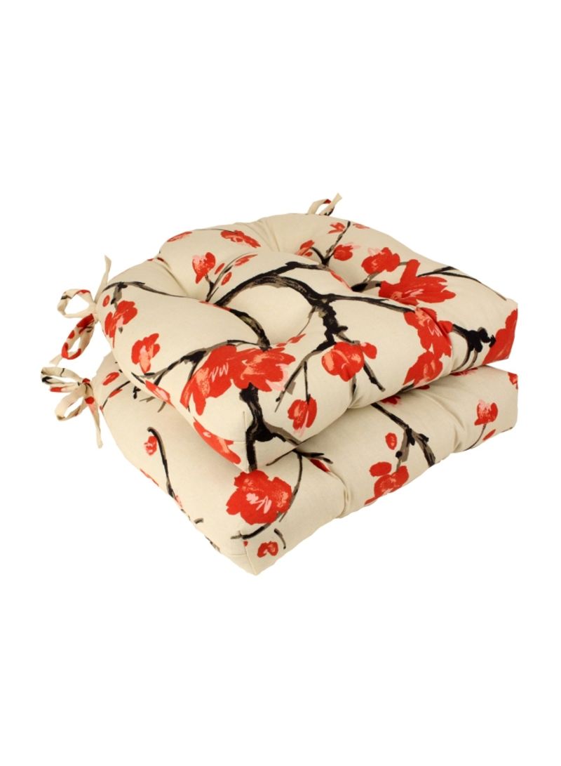 2-Piece Flowering Branch Reversible Chair Pad Beige/Red 16x15.5x4inch