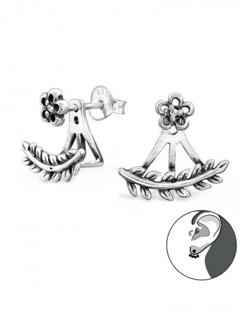 925 Sterling Silver Flower And Leaf Ear Jacket Earrings